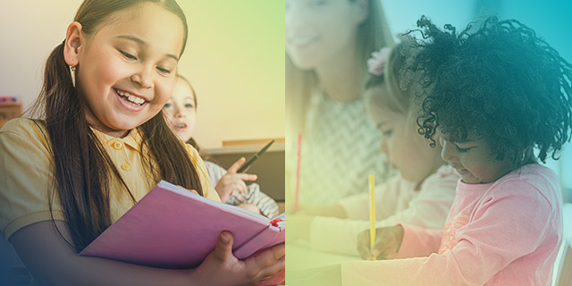 Preschoolers reading and writing happily.